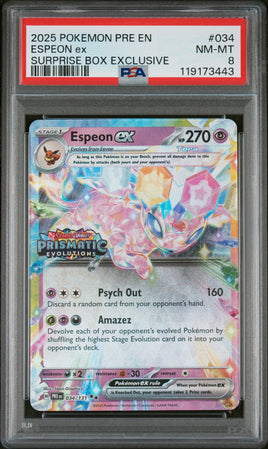 2025 Pokemon Pre En-Prismatic Evolutions #034 Espeon Ex Surprise Box Exclusive PSA 8