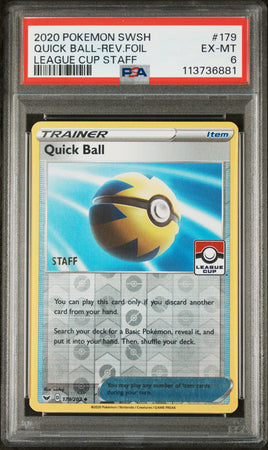 2020 Pokemon Sword & Shield #179 Quick Ball-Rev.Foil League Cup Staff PSA 6