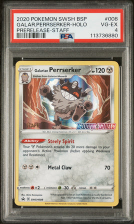 2020 Pokemon Swsh Black Star Promo #008 Galar.Perrserker-Holo Prerelease-Staff PSA 4