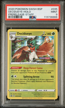 2020 Pokemon Swsh Black Star Promo #035 Decidueye-Holo Prerelease-Staff PSA 9