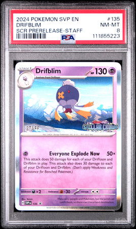 2024 Pokemon Svp En-Sv Black Star Promo #135 Drifblim Scr Prerelease-Staff PSA 8