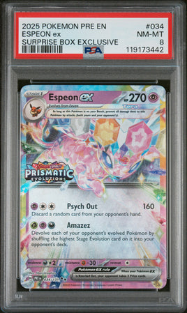 2025 Pokemon Pre En-Prismatic Evolutions #034 Espeon Ex Surprise Box Exclusive PSA 8