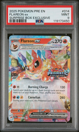 2025 Pokemon Pre En-Prismatic Evolutions #014 Flareon Ex Surprise Box Exclusive PSA 9