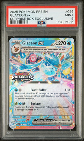 2025 Pokemon Pre En-Prismatic Evolutions #026 Glaceon Ex Surprise Box Exclusive PSA 9