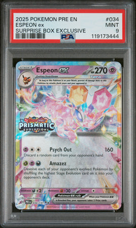 2025 Pokemon Pre En-Prismatic Evolutions #034 Espeon Ex Surprise Box Exclusive PSA 9