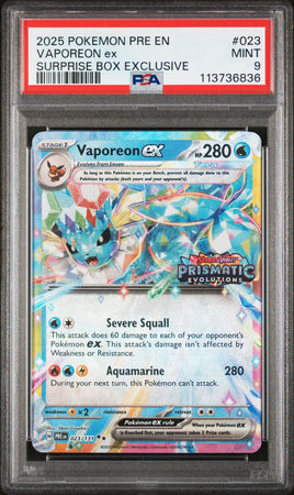 2025 Pokemon Pre En-Prismatic Evolutions #023 Vaporeon Ex Surprise Box Exclusive PSA 9