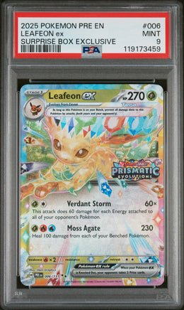 2025 Pokemon Pre En-Prismatic Evolutions #006 Leafeon Ex Surprise Box Exclusive PSA 9