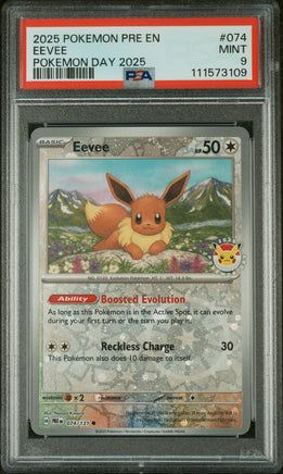 2025 Pokemon Pre En-Prismatic Evolutions #074 Eevee Pokemon Day 2025 PSA 9