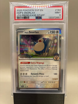 PSA 9 Mint - Hop's Snorlax (Staff Stamped) #184 Pokémon JTG Prerelease Promo, Graded