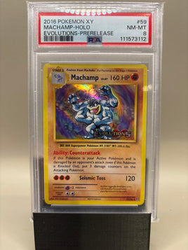 PSA 8 Near Mint/Mint -Machamp - Holo #59 Pokémon Evolutions Pre-release Stamped, Graded